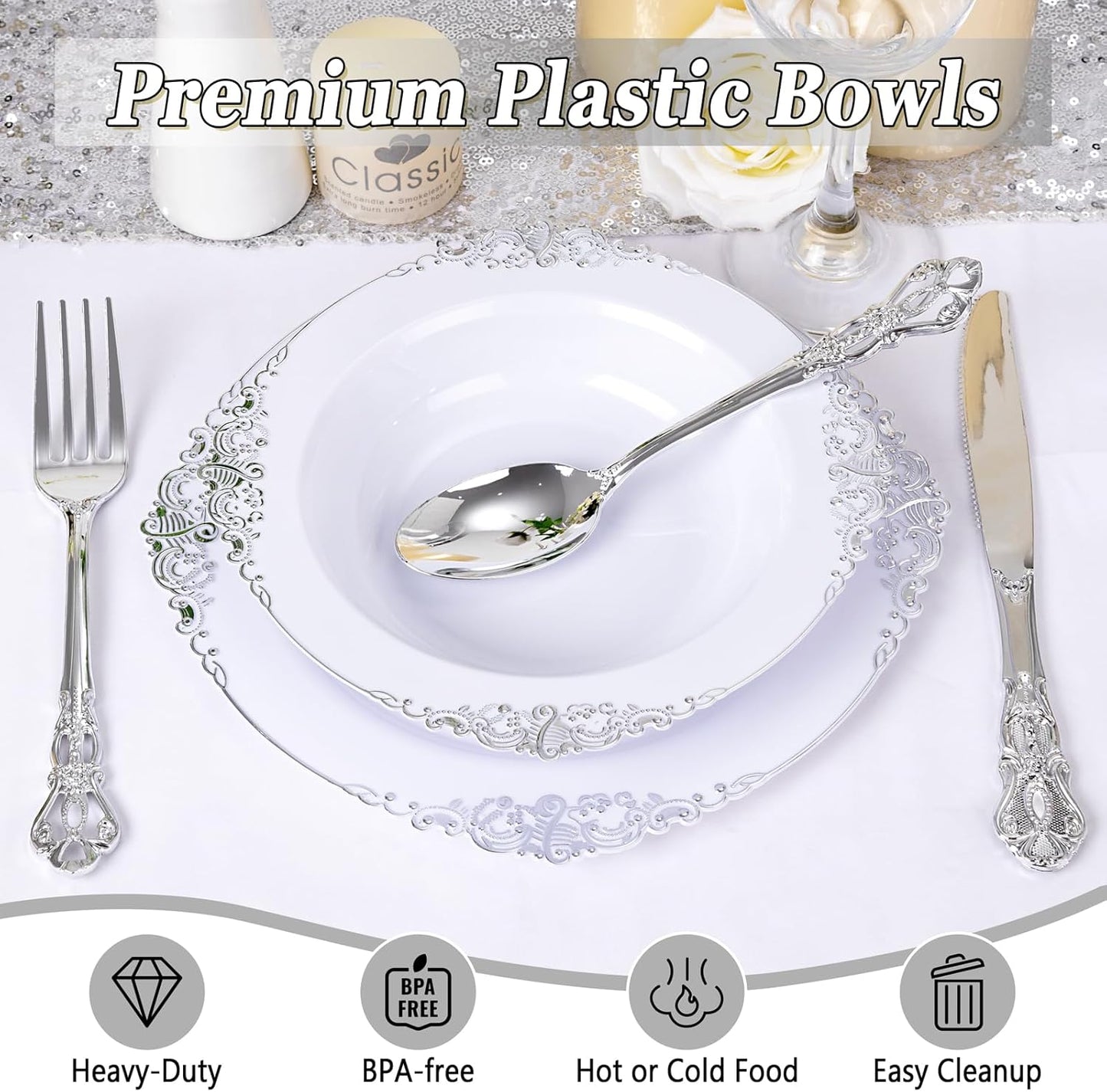 100PCS Silver Plastic Bowls - 12 oz Silver Disposable Salad Bowls - Heavy Duty Disposable Soup Bowl - Fancy Plastic Ice Cream Bowl for Weddings Parties Dinners Picnics