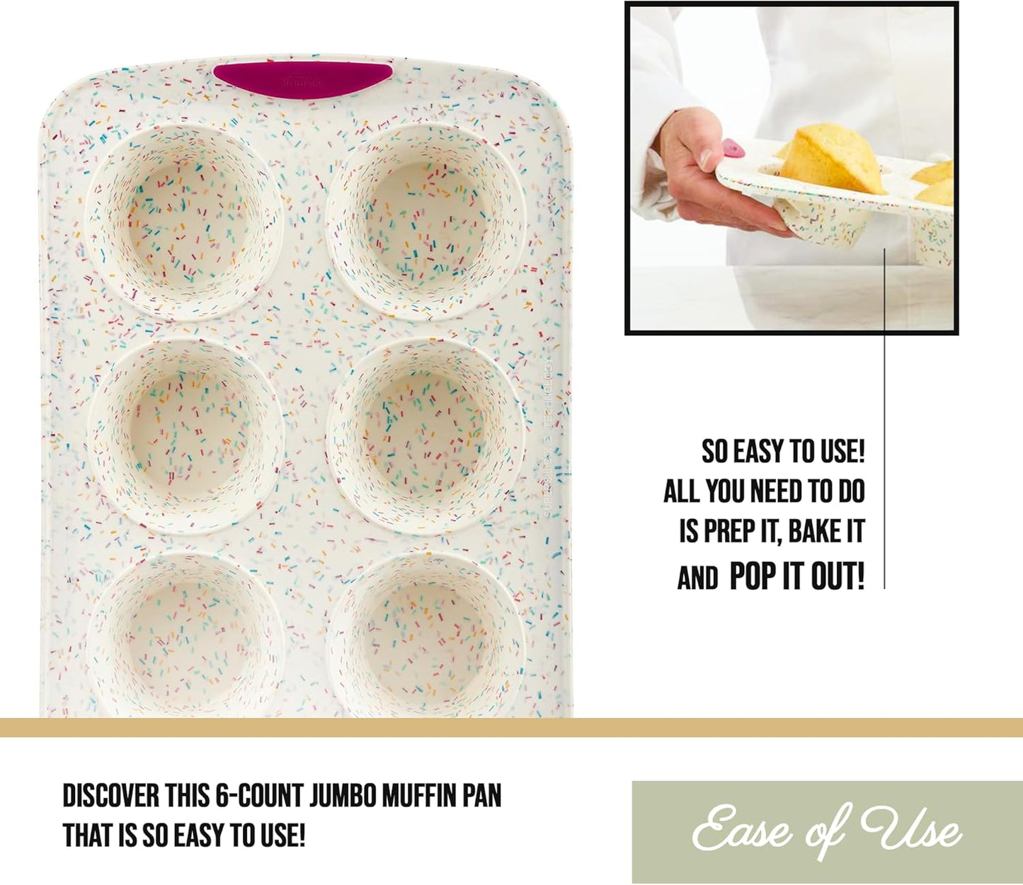 Trudeau Structure White Confetti 6-Cup Jumbo Muffin Pan – Premium Steel-Reinforced Silicone Bakeware, Nonstick BPA-Free Cupcake & Muffin Mold – Oven, Freezer & Dishwasher Safe