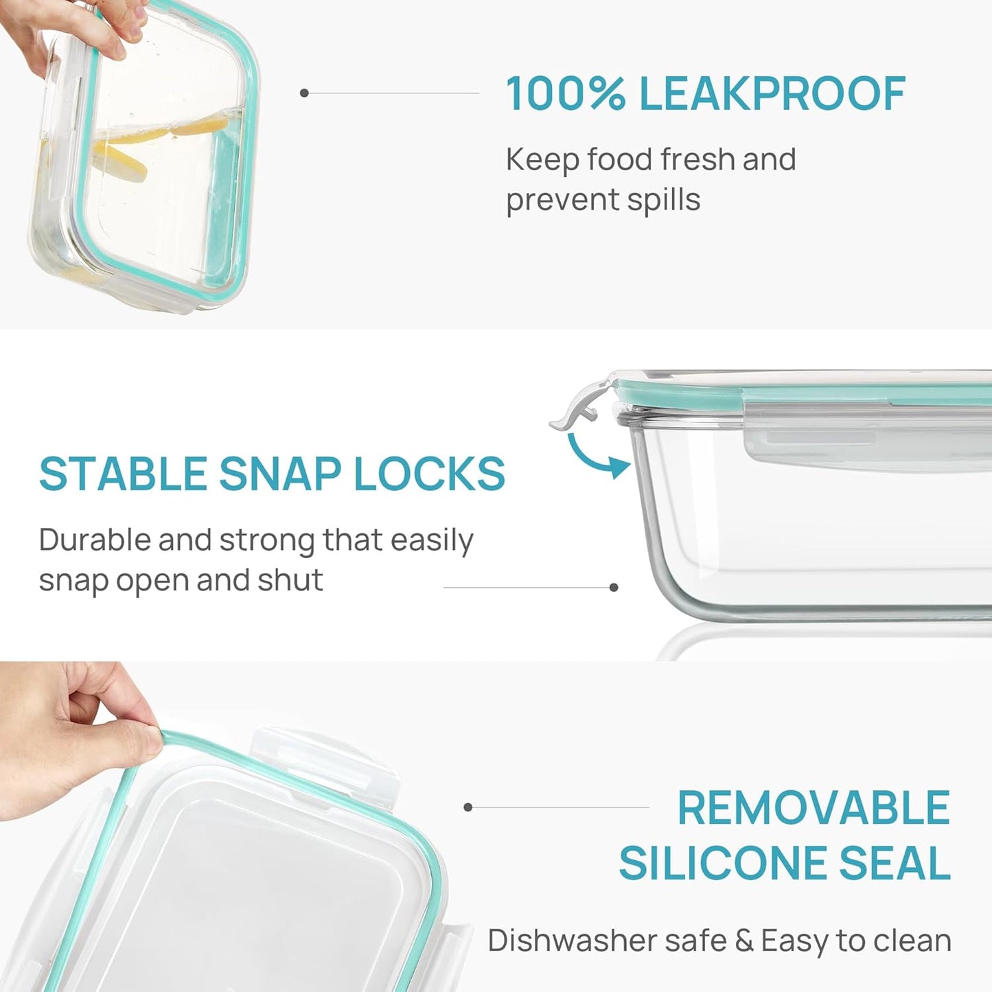 Vtopmart 2Pack 1860ml/ 63oz Large Glass Storage Containers with Lids, Meal Prep Food Container Set with Snap Airtight Lid for Baking, Microwave, Oven, Leak Proof, for Freezer, Dishwasher, Green