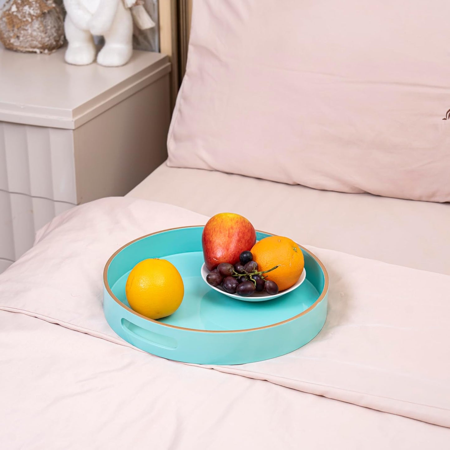 PEMAR 12.6" Round Lacquer Serving Tray with Insert Handle Decorative Basket Tray for Breakfast, Dinner, Coffee Table Decor (Aqua)