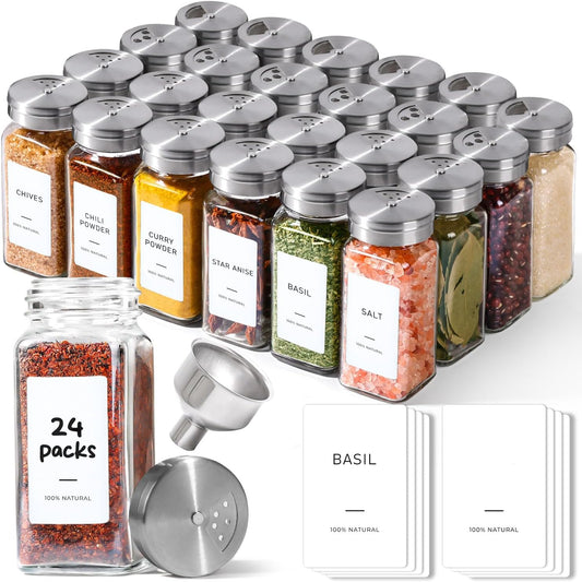 ComSaf 4oz 24PCS Spice Jars with Adjustable Shaker lids，93 Labels, Comdiment Jars Set, Empty Spice Containers and Square Ingredient Bottles for Kitchen and Seasoning, Salt and Pepper Shaker Set