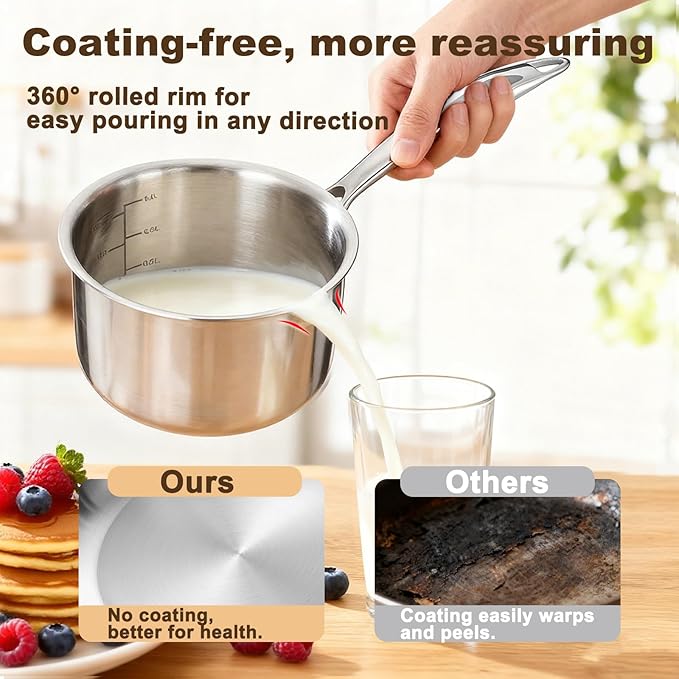 1Qt and 2Qt Triple Stainless Steel Saucepan with Lid, Ramen Pot with Clear Glass Cover, Small Sauce Pan for Cooking Oatmeal, Induction-Ready, Dishwasher-Safe, Suitable for All Stoves