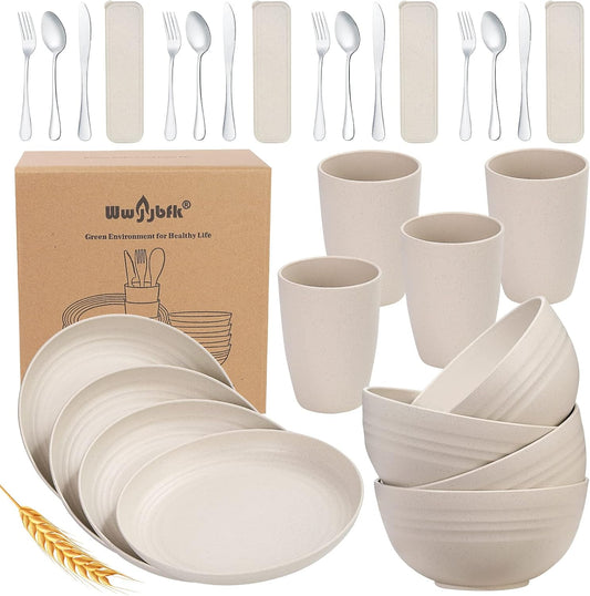 28PCS Kitchen Wheat Streaw Dinnerware Sets for 4, Wheat Straw Plates and Bowls Sets, College Dorm Kitchen Dinnerware Dishes Set Cutlery Set (Beige)