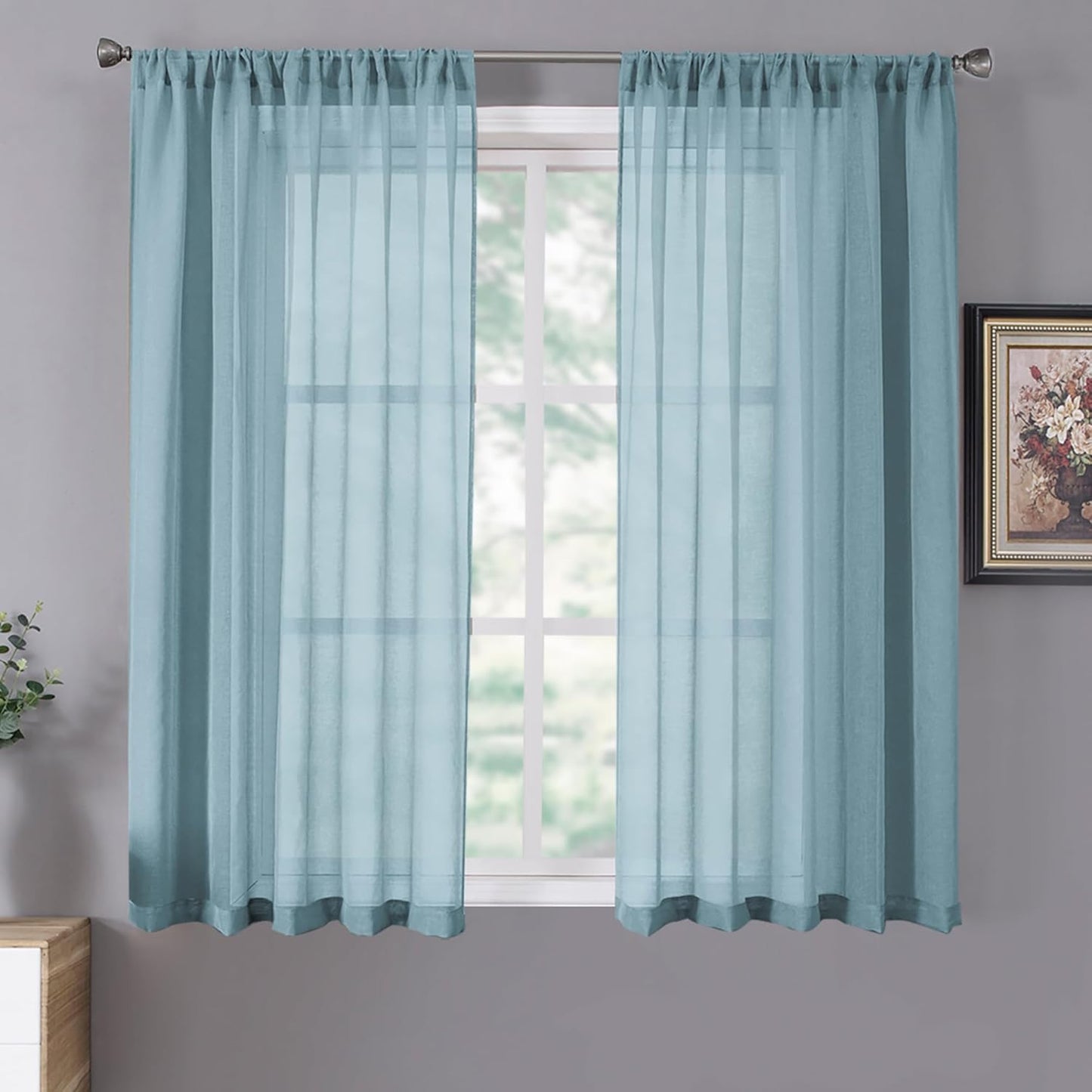 Tollpiz Short Sheer Curtain Living Room Linen Textured Curtains Sheer Light Filtering Voile Rod Pocket Curtain for Bedroom, 38 x 54 inches Long, Dusty Blue, Set of 2 Panels