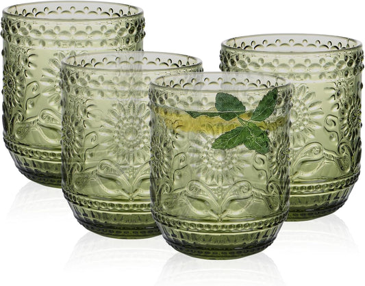 Glass Cups, Vintage Glassware Drinking Glass Set of 4, 12oz Colored Glassware with Sunflower Design, Embossed Floral Decorative Glasses Drinking Set for Beverage, Vintage Drinking Glasses (Green)