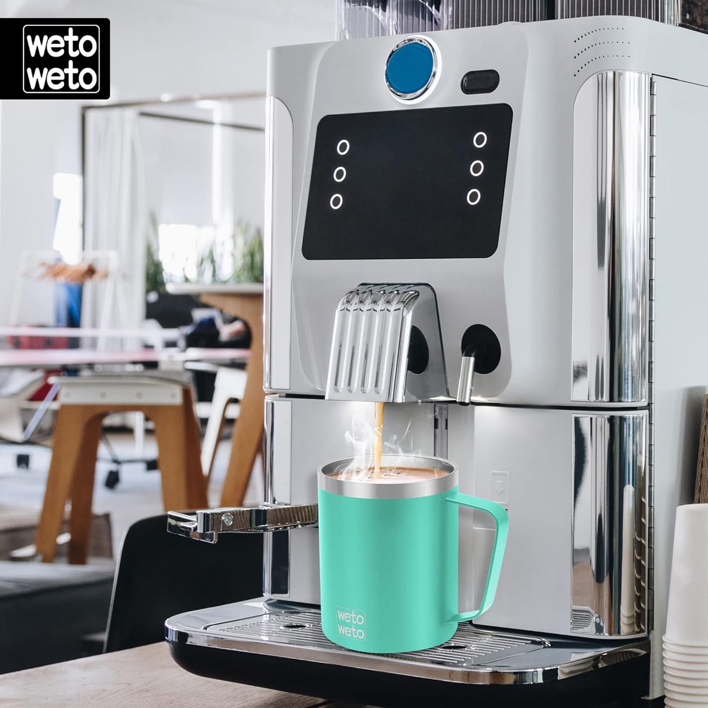 WETOWETO 14 oz Coffee Mug, Vacuum Insulated Camping Mug with Lid, Double Wall Stainless Steel Travel Tumbler Cup, Coffee Mugs Outdoor, Powder Coated Aquifer Blue