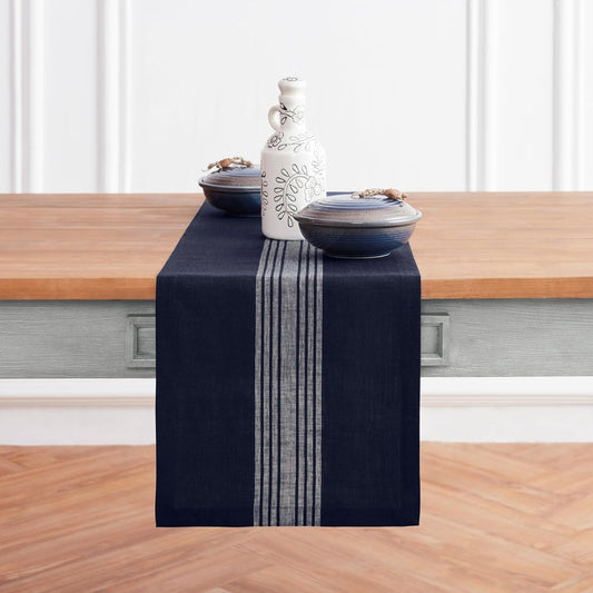 Solino Home Linen Table Runner 120 Inches Long - 100% Pure Linen Farmhouse White and Navy Table Runner 14 x 120 Inch Ideal for Dining, Thanksgiving, Christmas, Holiday