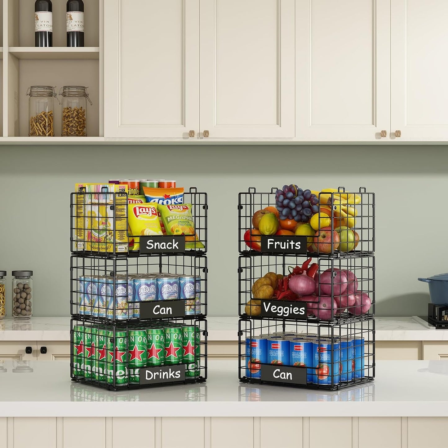 JKsmart 3 Pack Stackable Wire Baskets with NamePlates for Pantry Organizers and Storage, XL Fruit and Vegetable Basket, Metal Storage Bins for Snack Can Fruit Veggies, XL