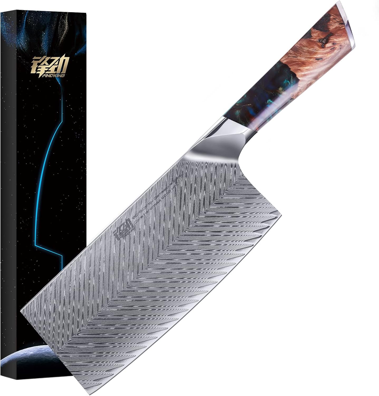 FINDKING Nebula Series Cleaver Knife, Multipurpose Chinese Chef Knife, 10Cr15CoMov Damascus Steel Blade, Resin and Figured Sycamore Handle, Full Tang, 7 Inch, Blue, for Meat, Vegetable Shredding