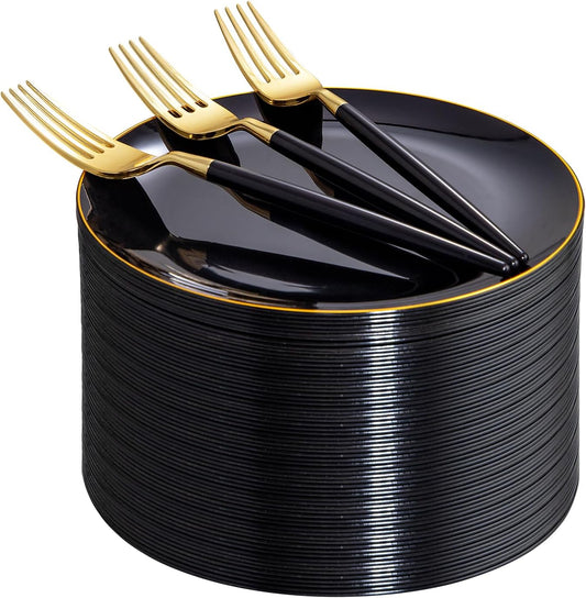 I00000 144Pcs Black and Gold Dessert Plate Set, Including 72Pcs Black and Gold Plastic Plates 7.5" and 72Pcs Disposable forks 8.5", Fancy Salad Plates with Gold Rim for Thanksgiving and Party