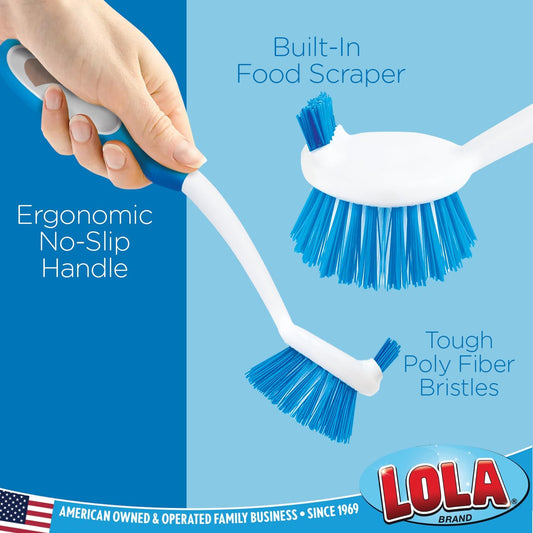 Dish Brush Scrubber for Kitchen, 2 Pack, by LOLA, Has Stiff Bristles & Food Scraper, Comfort No-Slip Grip Handle, Safe for Non-Stick & Coated Cookware