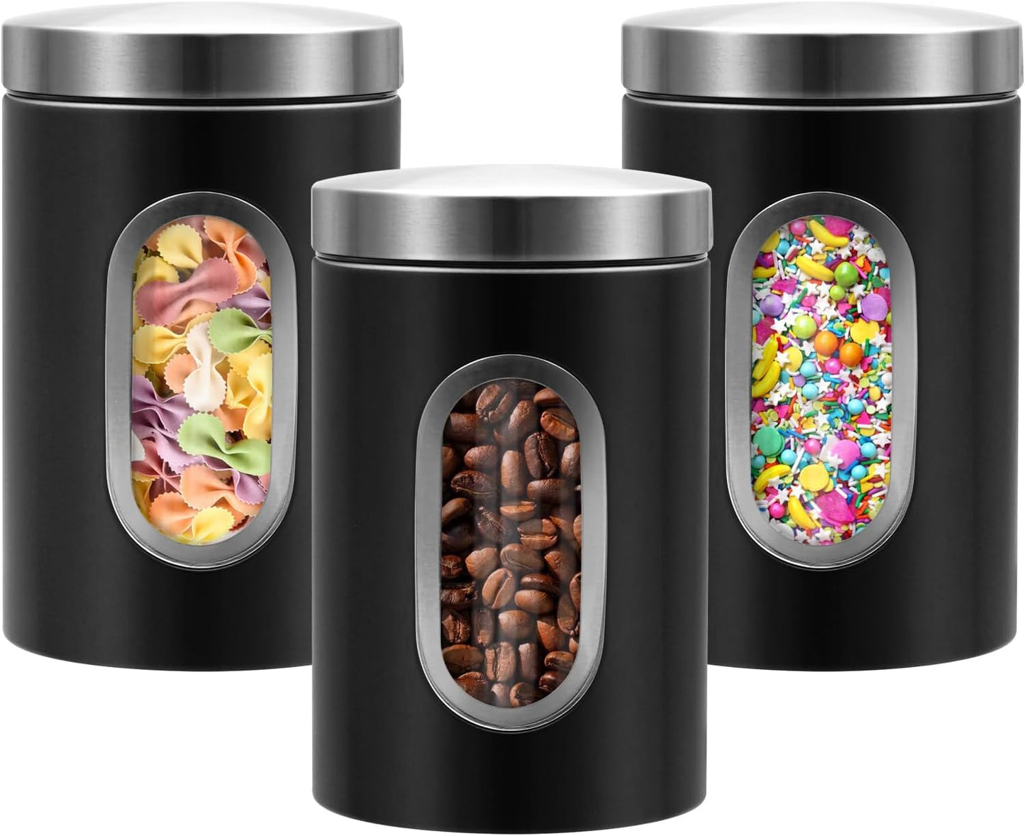 Canisters Sets for the Kitchen, 3pcs Sugar Flour Tea Coffee Storage Jars Stainless Steel Food Container Organizer for Kitchen Counter with Transparent Window (black)