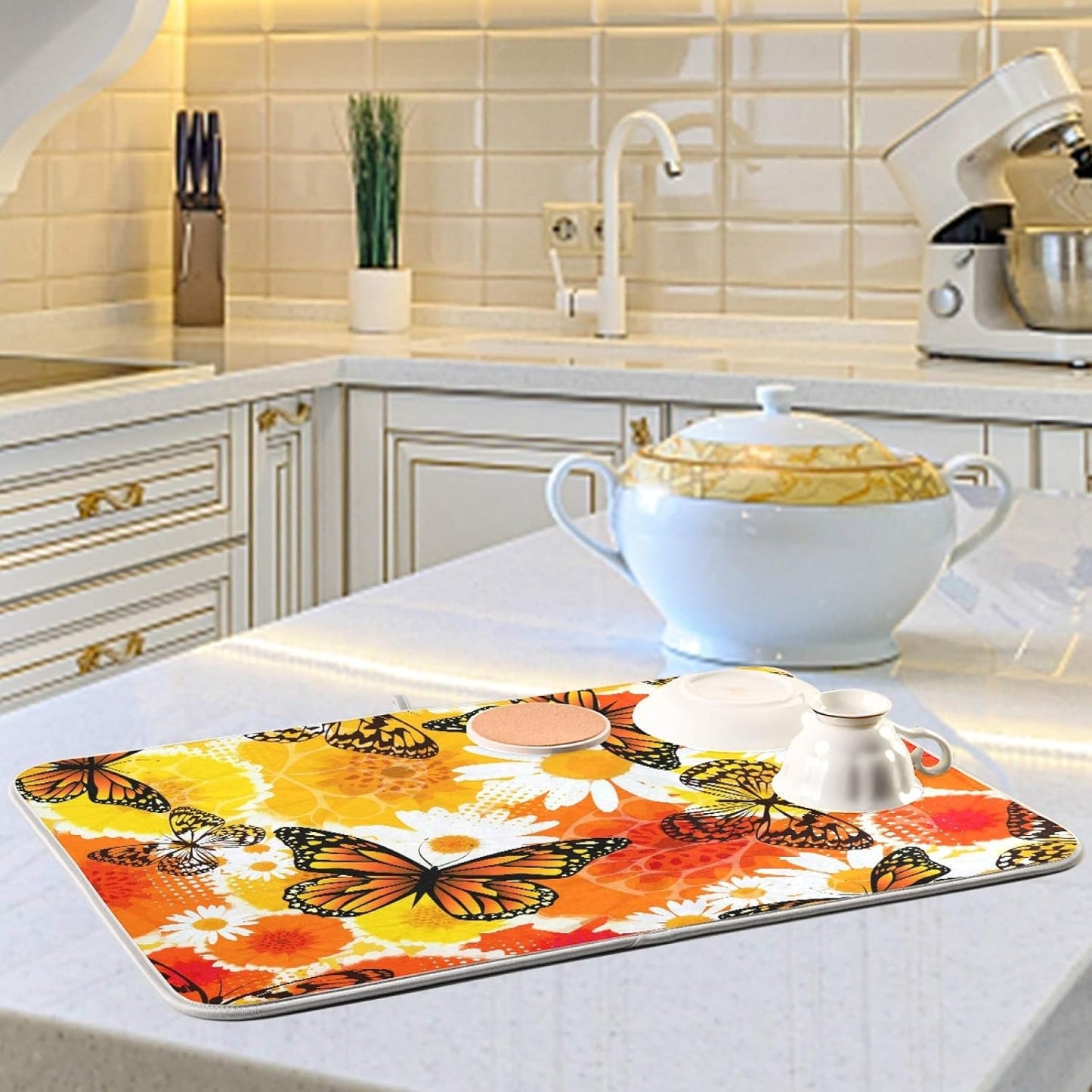 Yellow Flowers Butterfly Dish Drying Mats 18 x 24 Inch Super Absorbent Microfiber Dish Drainer Rack Mats Soft Heat Resistant Drying Protector Pad for Kitchen Counter Sinks Dining Table