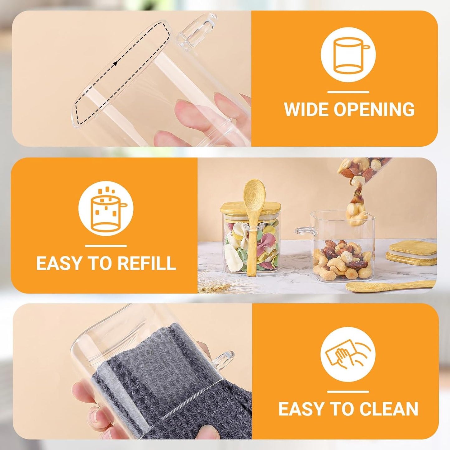 Glass Spice Jars with Airtight Lids - 2 Pack 10 Fl.oz Square Glass Storage Jars with Bamboo Lid and Spoon, Kitchen Pantry Storage Container Food Canister for Coffee, Sugar, Loose Tea, Candy