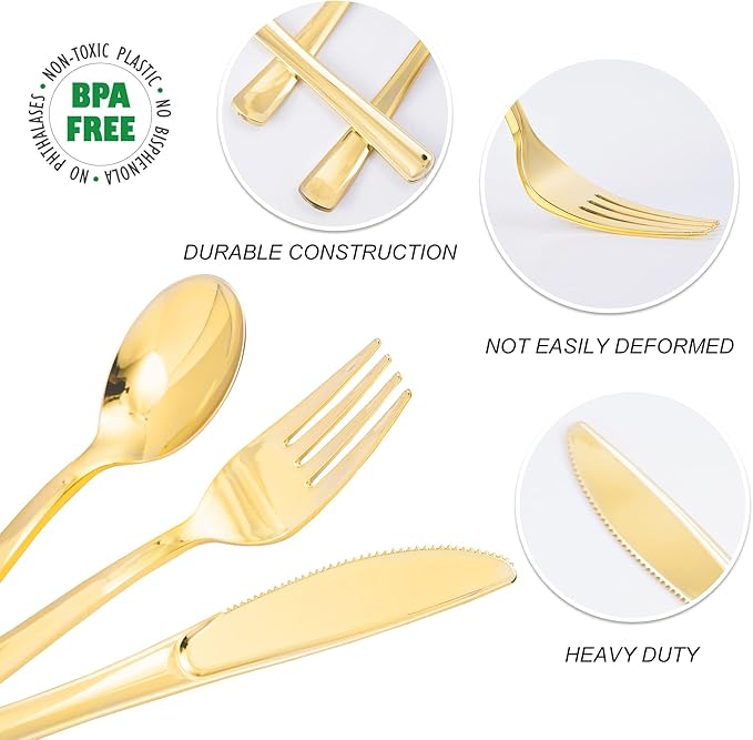 N9R 300PCS Gold Plastic Silverware, Heavy Duty Gold Plastic Cutlery Set Disposable Flatware Dinnerware, 100 Forks, 100 Spoons, 100 Knives, Perfect for Party, Wedding and Daily Use