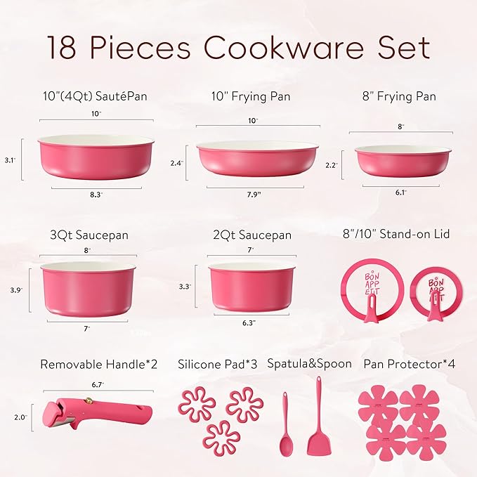 CAROTE 18Pcs Pots and Pans Set Non Stick, Nonstick Ceramic Cookware Set with Detachable Handle, Non Toxic Kitchen Cooking Sets, PFOA Free, Oven Safe, Stackable Induction Ready, Pink