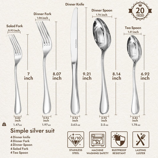 KINGSTONE 20 Piece Teardrop Silverware Set for 4, 18/10 Stainless Steel Flatware Set, Modern Design Cutlery Set for Home/Hotel/Wedding,Mirror Polished and Dishwasher Safe