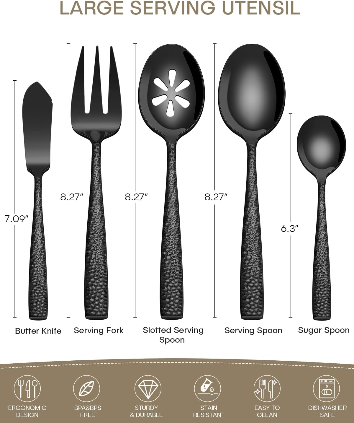 Stainless Steel Large Serving Utensils with Hammered Serving Spoon, Slotted, Serving Fork,Butter Knife,Sugar Spoon Hostess Black Serving Utensil Set for Parties,Buffet,Dishwasher Safe
