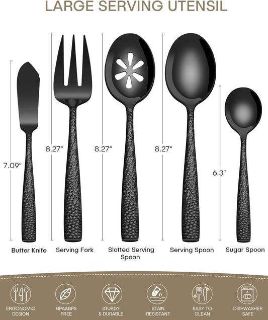 Stainless Steel Large Serving Utensils with Hammered Serving Spoon, Slotted, Serving Fork,Butter Knife,Sugar Spoon Hostess Black Serving Utensil Set for Parties,Buffet,Dishwasher Safe