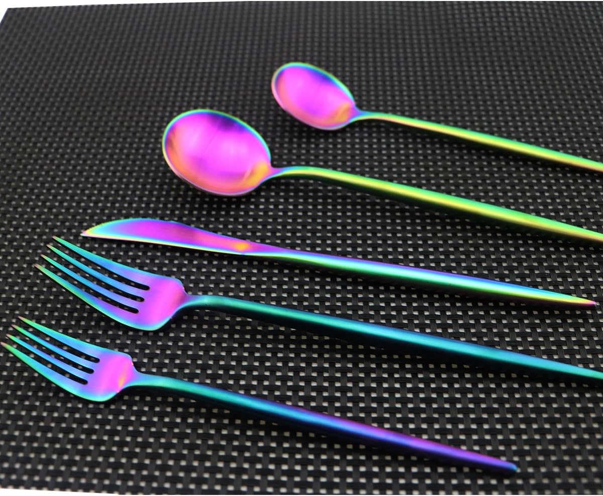 Iridescent Rainbow Multicolor Flatware 20 Pieces Tableware Set Cutlery Set Dinnerware Anti-rust Utensil Set,Salad Spoons Knives and Dessert Forks, Service for 4