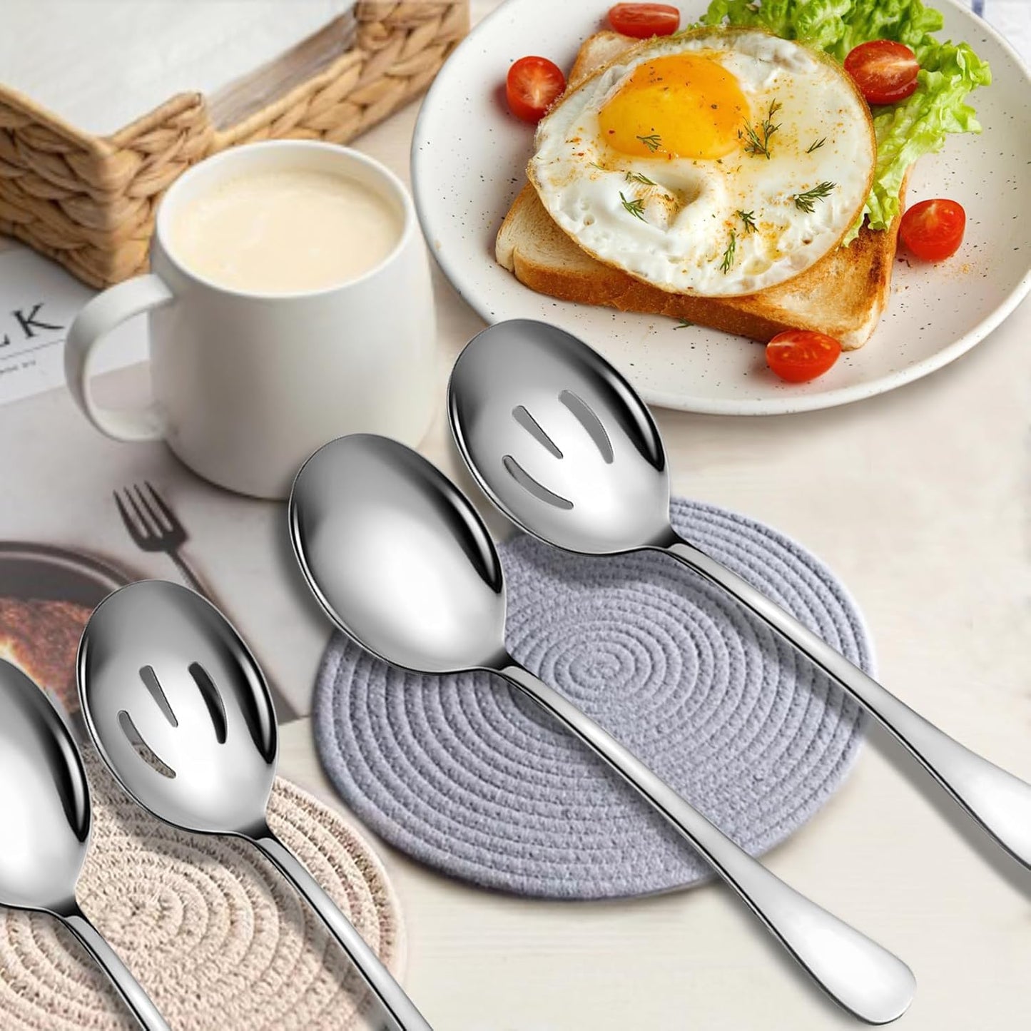 Stainless Steel Serving Spoons Set, 8pc, 10-Inch, Includes 4 Large, 4 Slotted, for Parties/Kitchen/Buffet/Catering, Dishwasher Safe