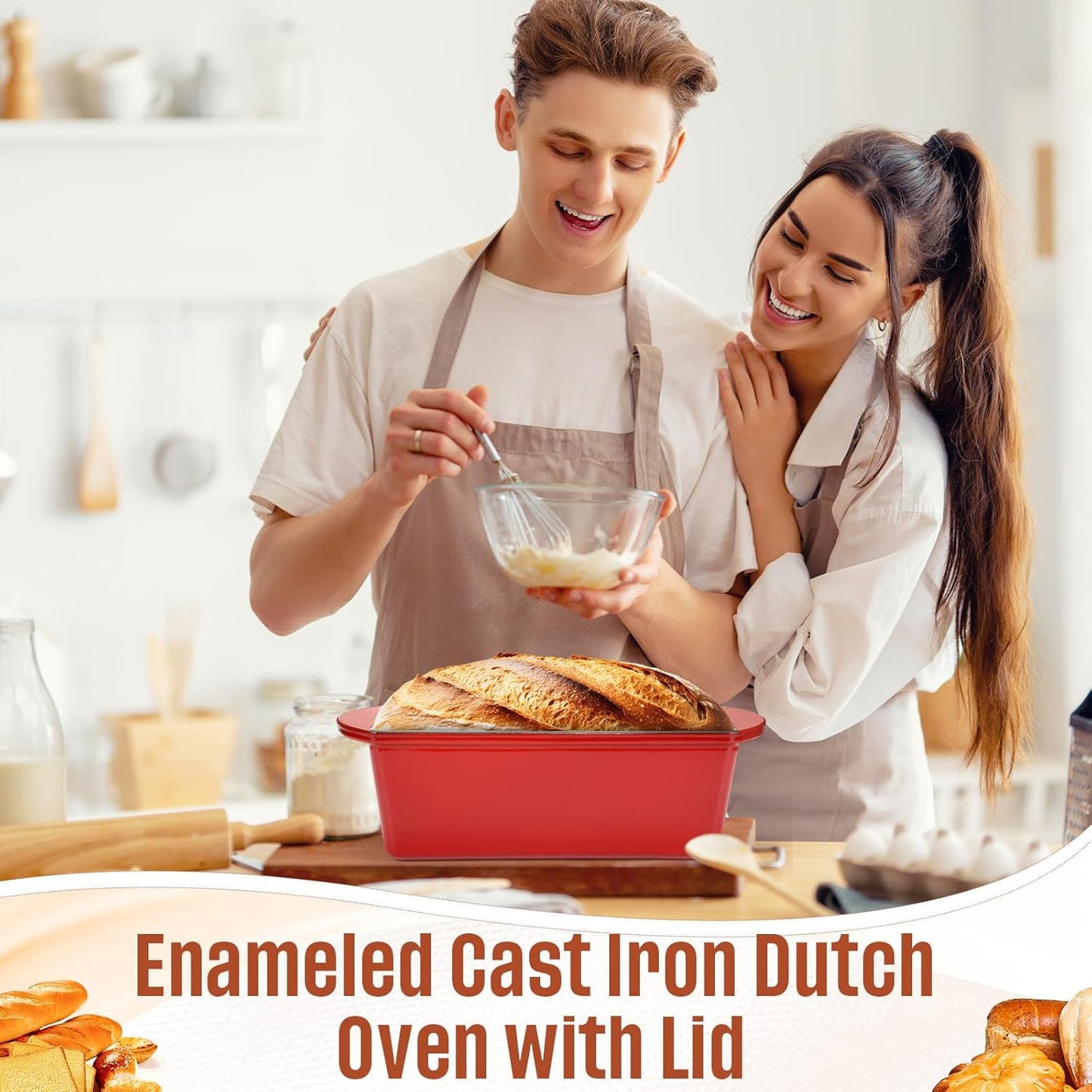 Enamelled Cast Iron Dutch Oven Pot with Lid 4QT Heavy Duty Cast Iron Bread Pan with Dual Handles Nonstick Enameled Cookware for Sourdough Bread Baking Roasting Stewing Braising Frying, Red