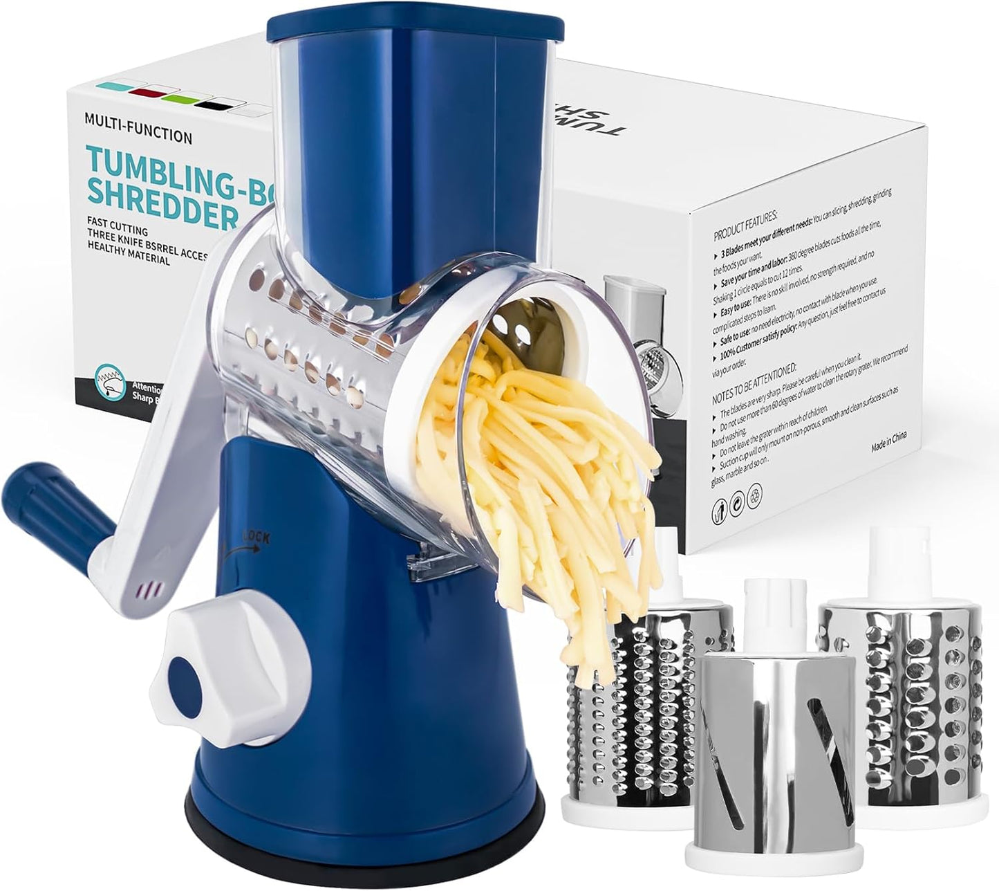 X Home Rotary Cheese Grater for Kitchen, Shredder with 3 Interchangeable Blades, Rotary Grater with Handle and Strong Suction Base, for Vegetables, Fruit, Nuts, Easy to Use and Clean, Dark Blue