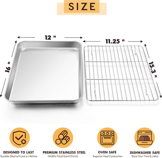 Baking Sheet with Rack Set, E-far 16”x12” Stainless Steel Cookie Sheet Pan for Oven, Rimmed Metal Tray with Wire Cooling Rack for Cooking Roasting Resting Bacon Meat Steak - Dishwasher Safe