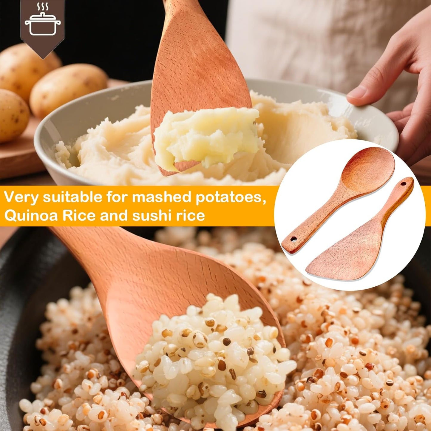 Wooden Rice Paddle Nonstick Rice Spoon Wooden Spatula for Cooking Sushi Rice Paddle for Rice Potato, 8.9" x 2.9"