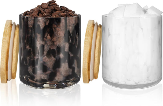 Set of 2 Hand Blown Glass Food Storage Containers with Lids 14oz Jar with Lid Coffee Container,Spice,Sugar,Tea,Flour,Nuts,Decorative Jars for Countertop(black ＆ white)
