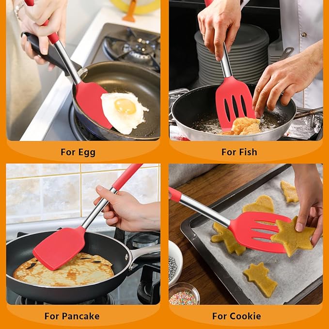Silicone Spatula Set of 2, E-far Solid & Slotted Turner for Nonstick Cookware, Heat Resistant Rubber Kitchen Cooking Utensils for Flipping Fish Pancake Egg - Red