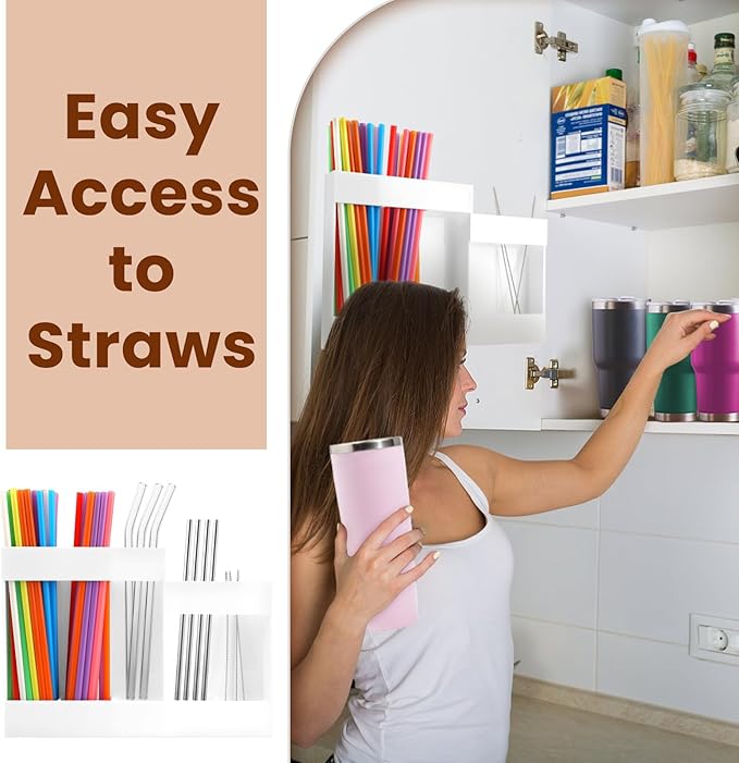 Acrylic Straw Dispenser Organizer - Reusable Metal Straw Holder for Countertop & Cabinet Storage - Ideal for Tumbler Cups, Keep Straws Neat & Accessible, Compatible with Long & Short Straws (White)