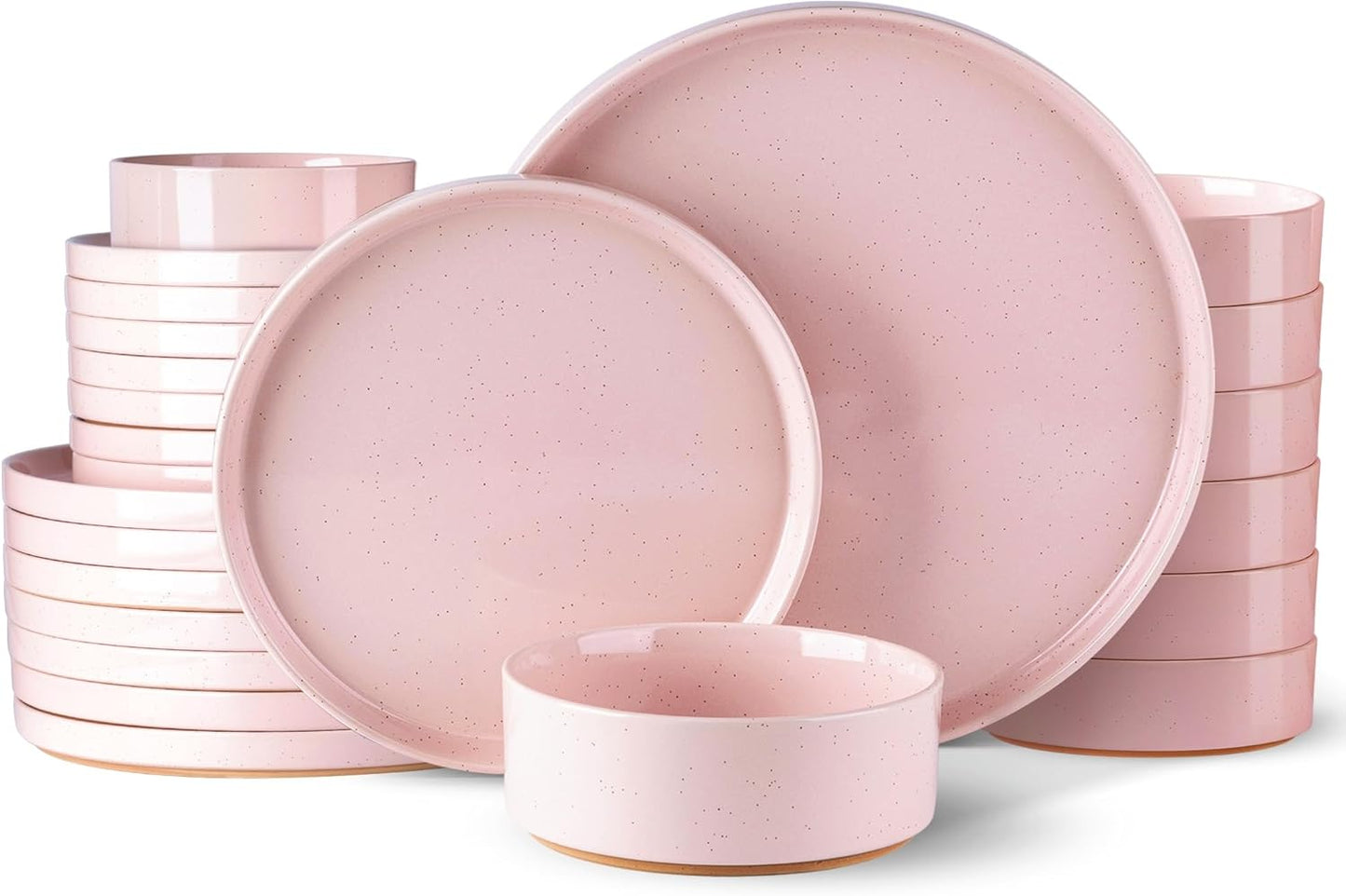 AmorArc Ceramic Dinnerware Set for 8 | Speckled Stoneware Plates and Bowls with Rustic Terracotta Underside| Scratch Resistant,Dishwasher & Microwave Safe Dishes Sets- 24pcs Pink