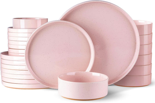 AmorArc Ceramic Dinnerware Set for 8 | Speckled Stoneware Plates and Bowls with Rustic Terracotta Underside| Scratch Resistant,Dishwasher & Microwave Safe Dishes Sets- 24pcs Pink