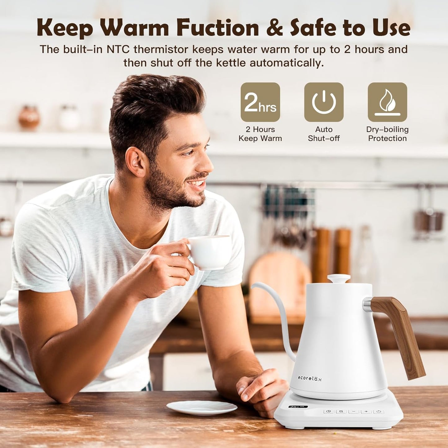 ECORELAX Gooseneck Electric Kettle, ±1℉ Temperature Control Pour Over Kettle for Coffee, Tea & Water, Stainless Steel 1200 W Keep Warm OLED Display 1 L (White)