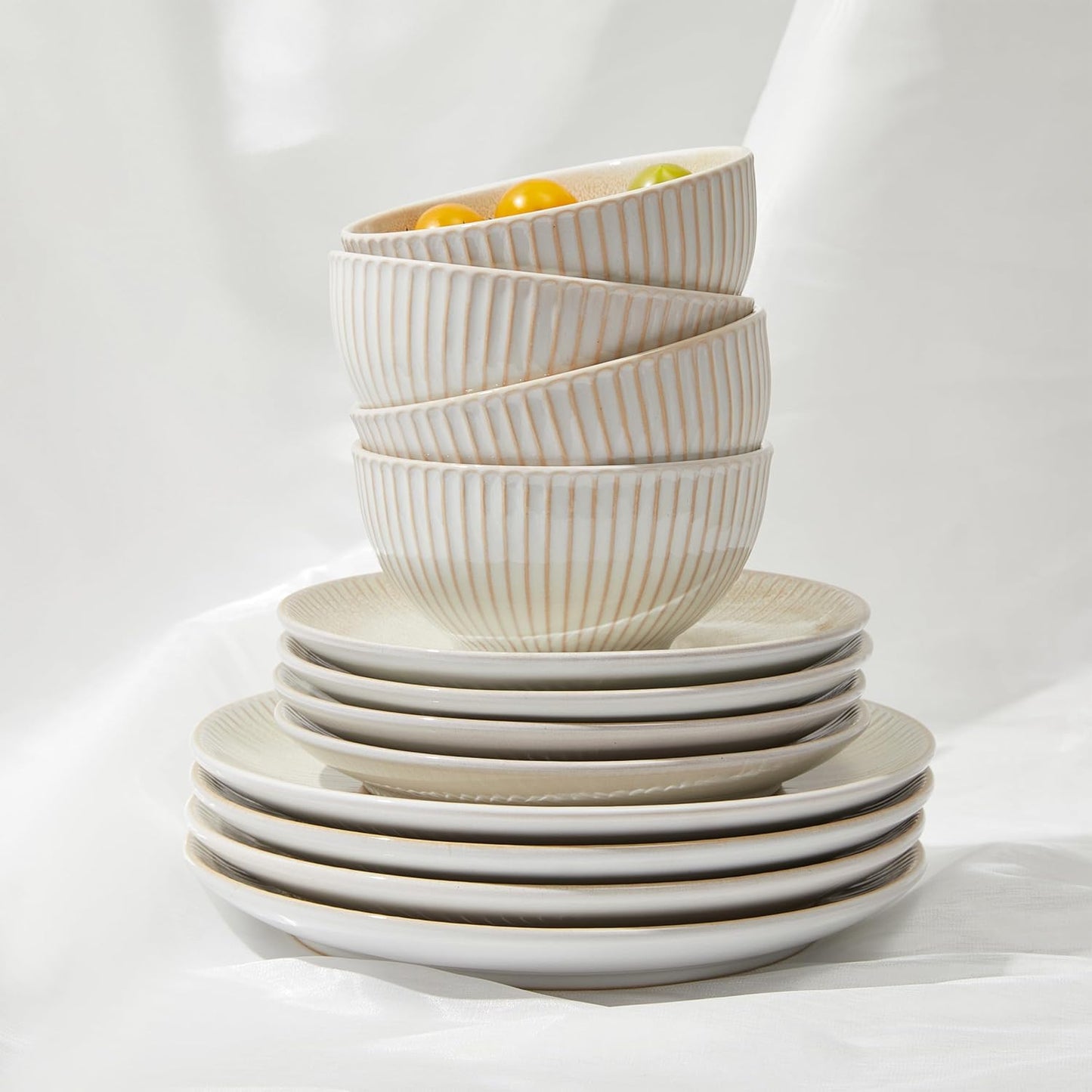 Ceramic Dinnerware Sets for 4, 12 Pieces Embossed Stoneware Plates and Bowls Sets, Scratch Resistant Dish Sets, Distinctive Granulated Surface, Housewarming Wedding Gift, Brown