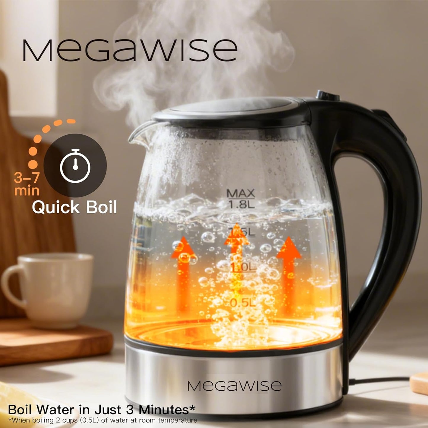 MegaWise Electric Kettle, 1.8L Borosilicate Glass Tea Kettle with LED Light, Auto Shut-Off and Boil-Dry Protection Cordless Kettle Fast Boiling