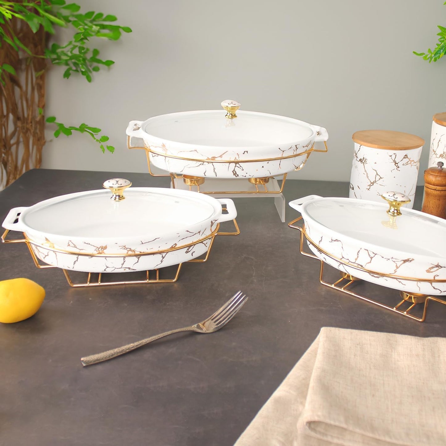 11" x 7" Ceramic Casserole Baking Dish With Glass Cover and with Golden Rack, Lasagna Pan Deep for Oven, 1.3 Quarts Baking Pan with Handles, Oven Safe & Durable Bakeware for Home Decor