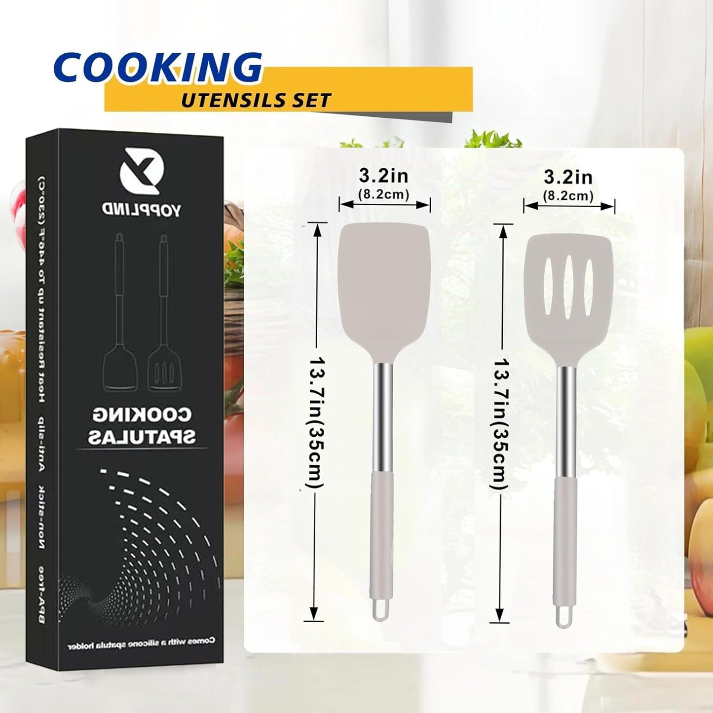 3Piece Silicone Spatula Set, Heat-Resistant, Non-Stick Kitchen Spatulas, BPA-Free, for Eggs, Pancakes, Fish, Woks, Includes Multifunctional shelf spoon pad (khaki)