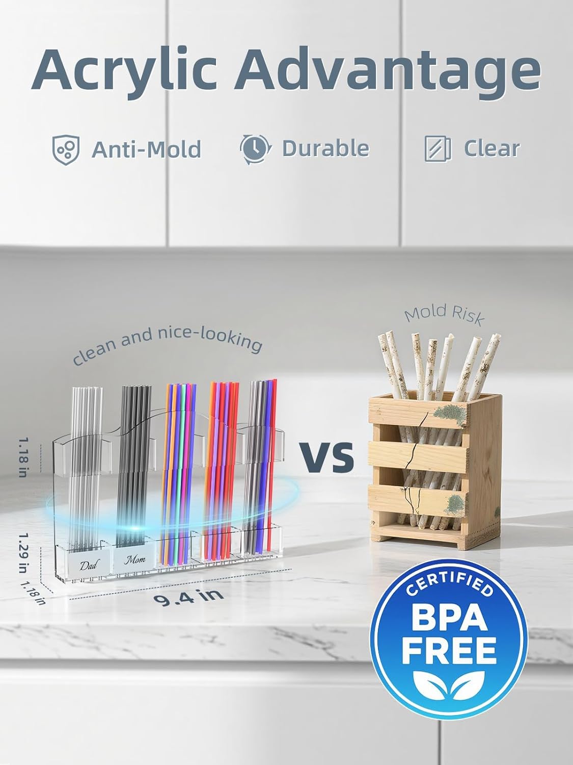 9.8" Acrylic Straw Holder for Cabinet Door - Straw Organizer with Ultra-Sticky Adhesive, Kitchen & RV Essensials, 5-Compartment Storage for Reusable Straws & Brushes, Colored Pencils, Markers