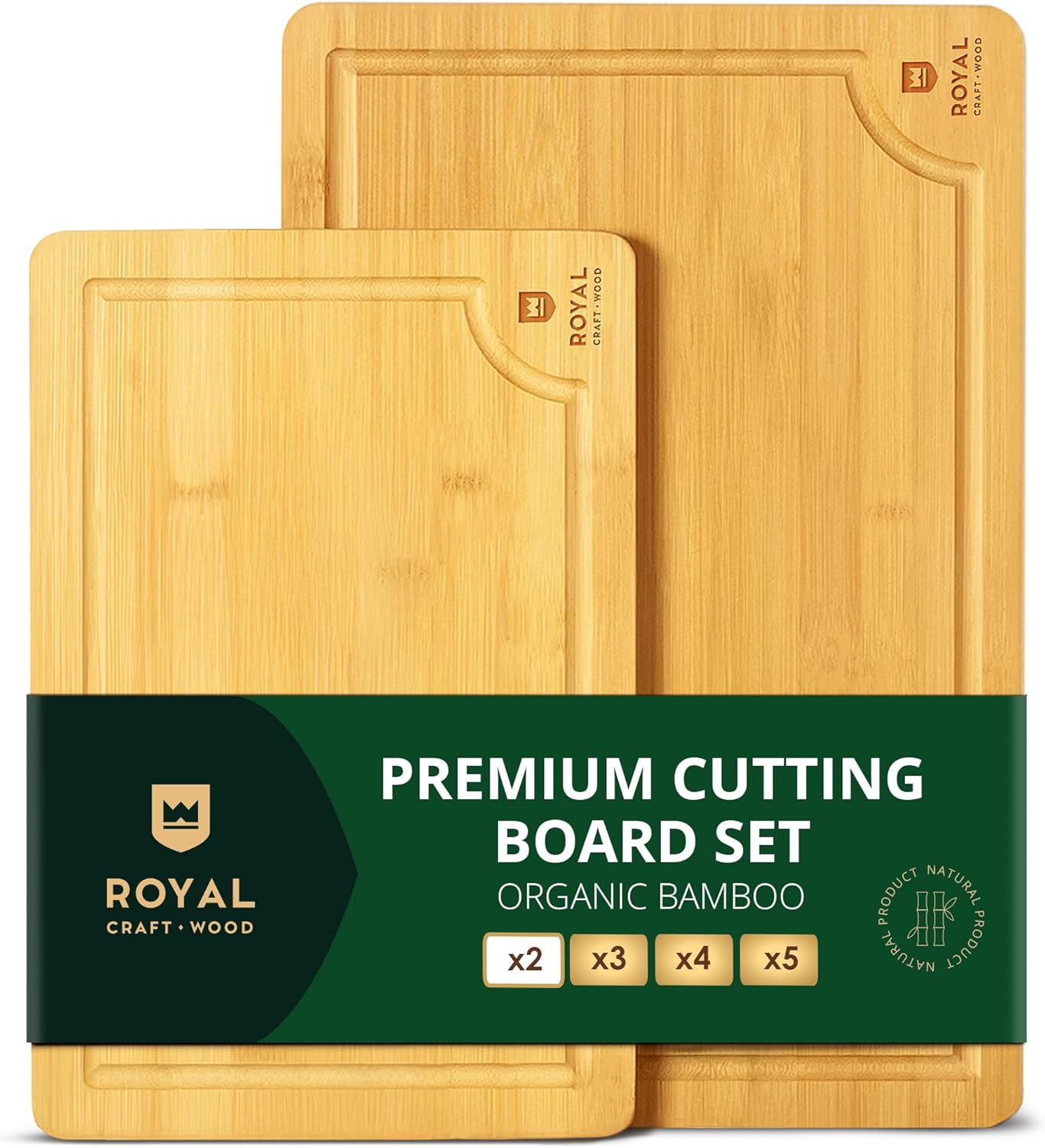ROYAL CRAFT WOOD Wooden Cutting Boards for Kitchen Meal Prep & Serving - Bamboo Wood Serving Board Set with Deep Juice Groove Side Handles - Charcuterie & Chopping Butcher Block for Meat