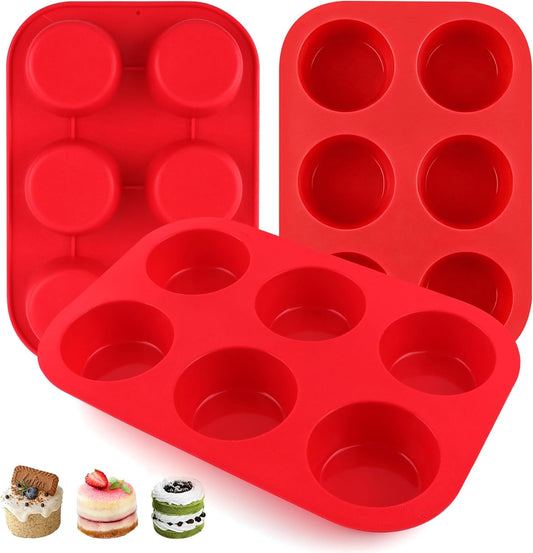 3-Pack 6-Cup Silicone Muffin Pans, Nonstick Cupcake Baking Molds, Muffin Cupcake Pans Molds for Baking, BPA/PFA-Free, Dishwasher & Oven Safe - Red