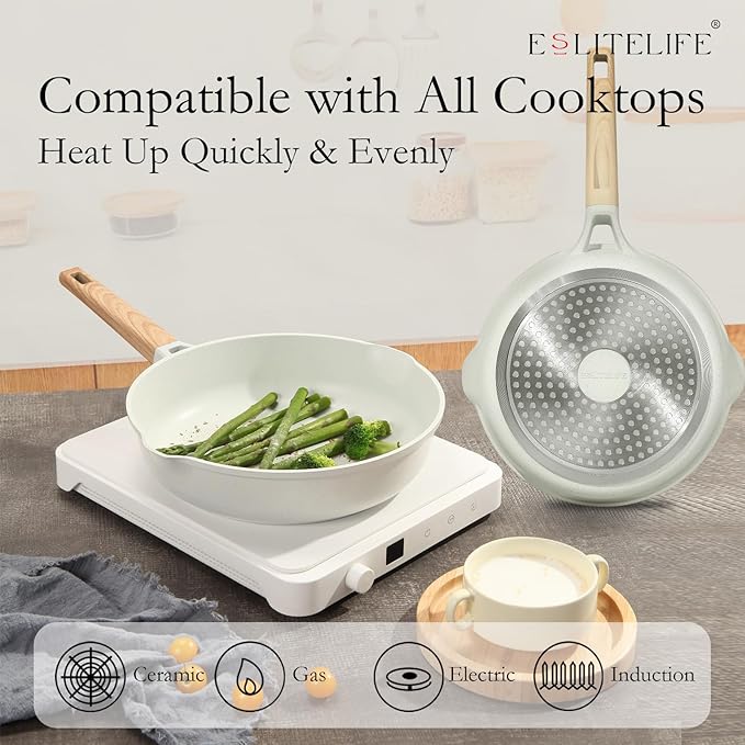 ESLITE LIFE Nonstick Ceramic Frying Pan Skillet, Non-Toxic Egg Omelette Kitchen Cooking Pans Compatible with All Stovetops (Gas, Electric & Induction), PTFE & PFOA Free (White, 11")