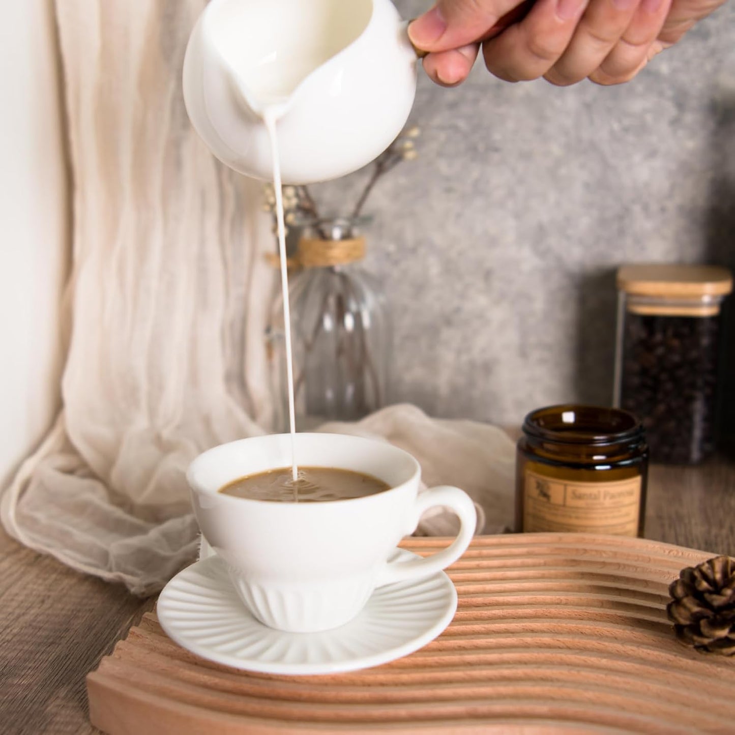 4 oz White Espresso Cups Set of 2, Ceramic Cappuccino Cups with Saucers, Durable Porcelain Tea Set & Modern Coffee Cup Collection, Coffee Lover Gifts