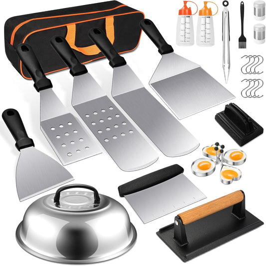 Griddle Accessories Kit, 28 PCS Flat Top Grill Accessories for Blackstone and Camp Chef, Metal Spatula Set with Burger Press, Melting Dome, Tongs, Scraper, Carry Bag for Outdoor Grilling BBQ