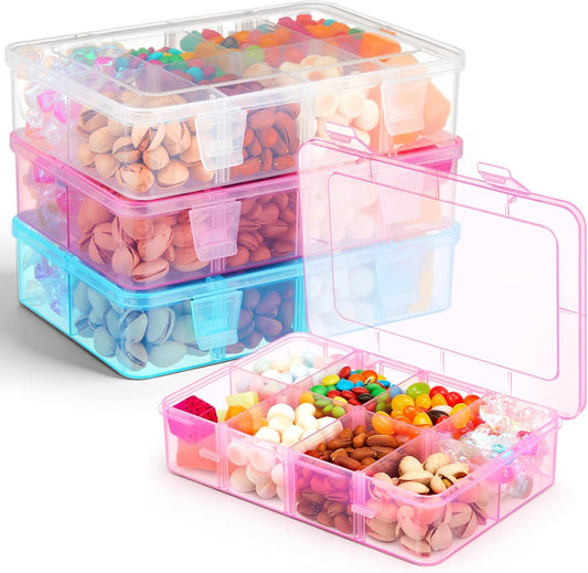 Thyle 3 Pcs Snack Box Container 8 Compartments Snack Containers Reusable Transparent Lunch Box Organizer Small Plastic Food Storage with Lids for Meal Prep School Work Travel (Clear Blue Pink)