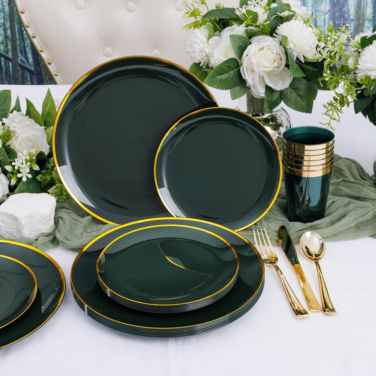 LIYH 180 Pcs Green and Gold Plastic Christmas Plates - Disposable Christmas Dinnerware sets, Green Dinner Dessert Plates, Gold Plastic Silverware Cups for Holiday, Party