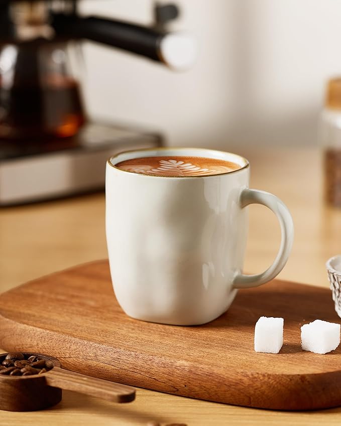 famiware Coffee Mugs Set of 4, Ocean Square 13oz Coffee Cup Set with Handle for Cocoa, Milk, Hot Chocolate, Tea, Water, Stoneware Cups for Kitchen, Microwave and Dishwasher Safe, Vanilla White