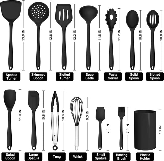 HaWare Kitchen Utensils, 14 PCS Silicone Cooking Utensils Set, Heat Resistant Kitchen Utensils for Non-stick Cookware, Kitchen Gadgets Tools with Spoons, Spatulas, Whisk, Dishwasher Safe (Black)