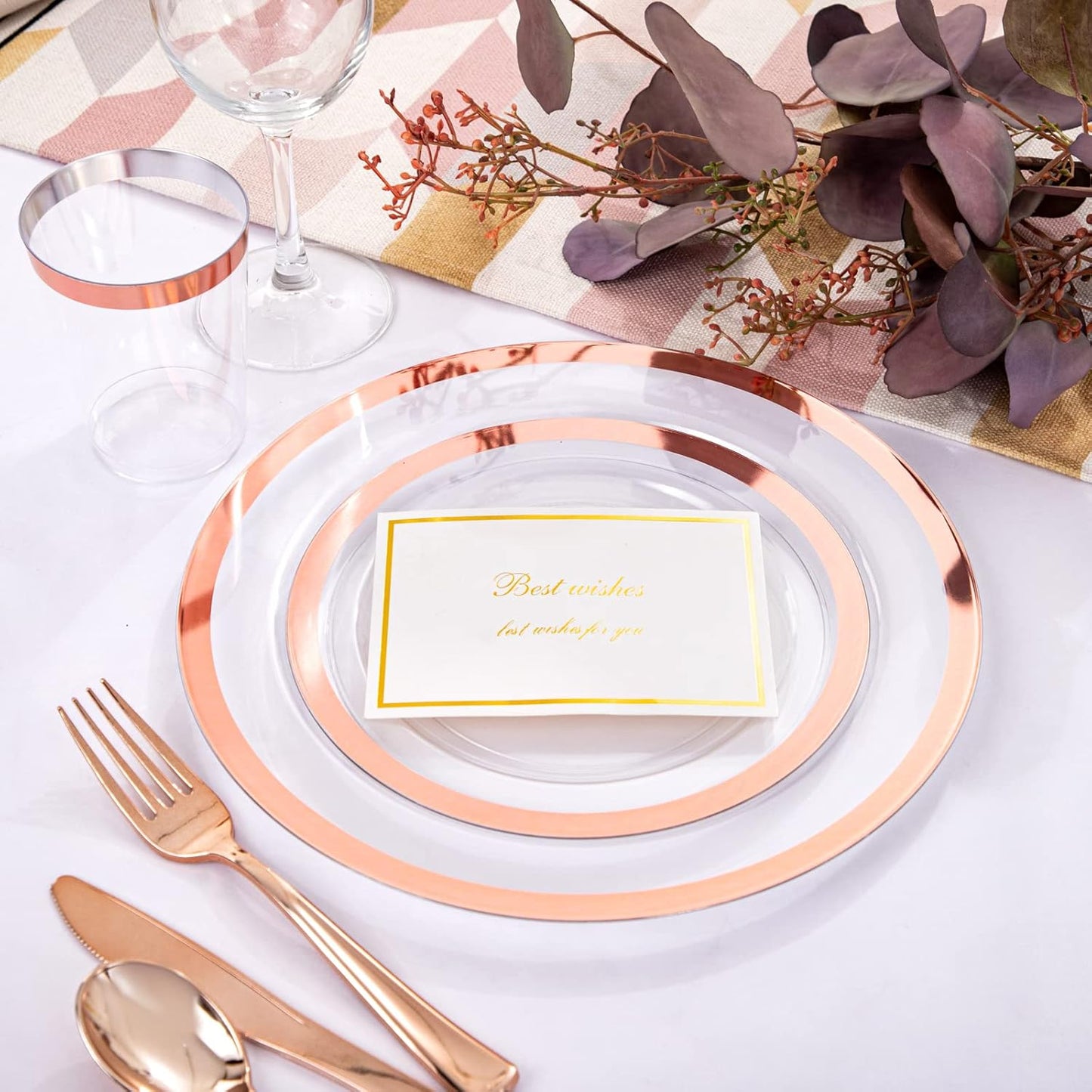 YOUBET 175PCS Rose Gold Plastic Plates - Clear Plastic Plates Disposable with Rose Gold Rim includes 50 Rose gold plates, 25Forks, 25Knives, 25Spoons, 25Cups, 25Napkins for Party & Wedding